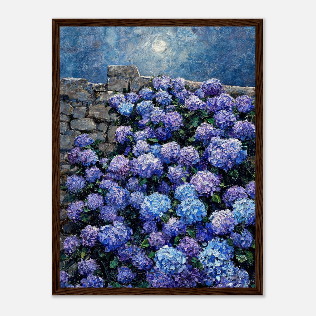 Moonlit Blue Hydrangeas by Stone Wall Impressionist Art Print