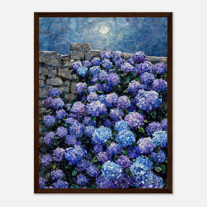 Moonlit Blue Hydrangeas by Stone Wall Impressionist Art Print