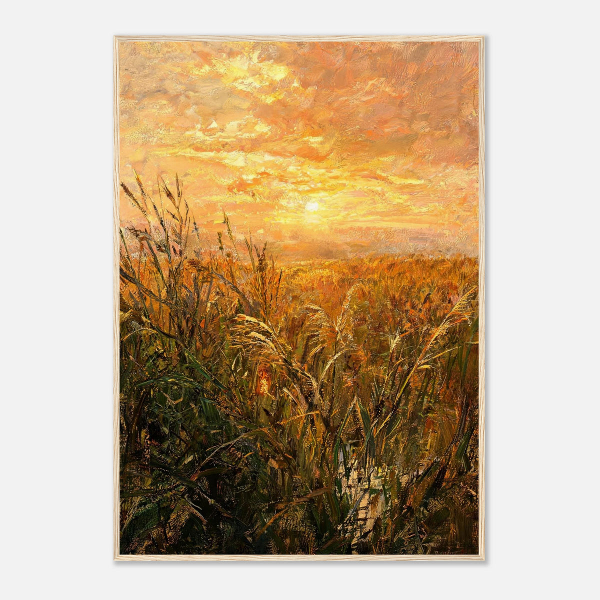 Golden Grass Field at Sunset Impressionist Art Print