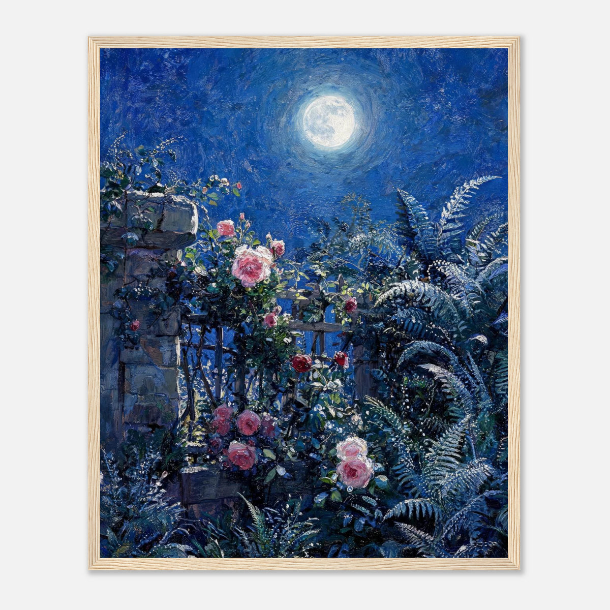 Moonlit Rose Garden and Stone Wall Impressionist Art Print