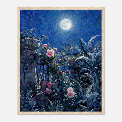 Moonlit Rose Garden and Stone Wall Impressionist Art Print
