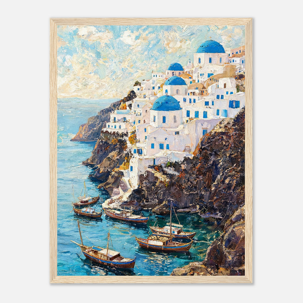 Santorini Cliffside Village & Boats Impressionist Art Print