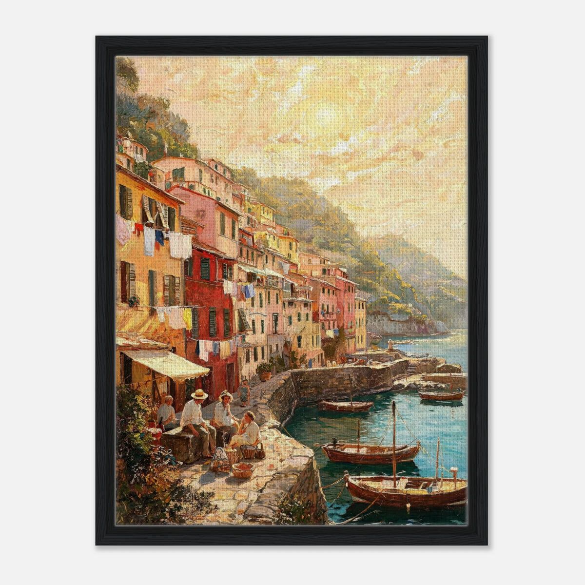 Impressionist art print from Vintstep depicting a sunlit Mediterranean coastal village with colorful houses on cliffs, fishing boats on turquoise water, and people relaxing with textured brushstrokes.