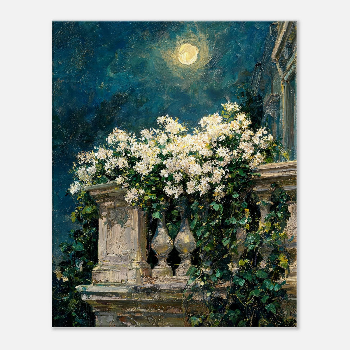 Moonlit White Blossoms Balcony Impressionist Art Print