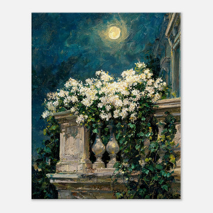Moonlit White Blossoms Balcony Impressionist Art Print