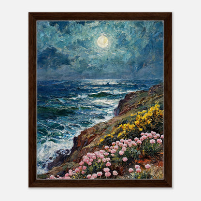 Moonlit Coastal Cliff Flowers Impressionist Art Print