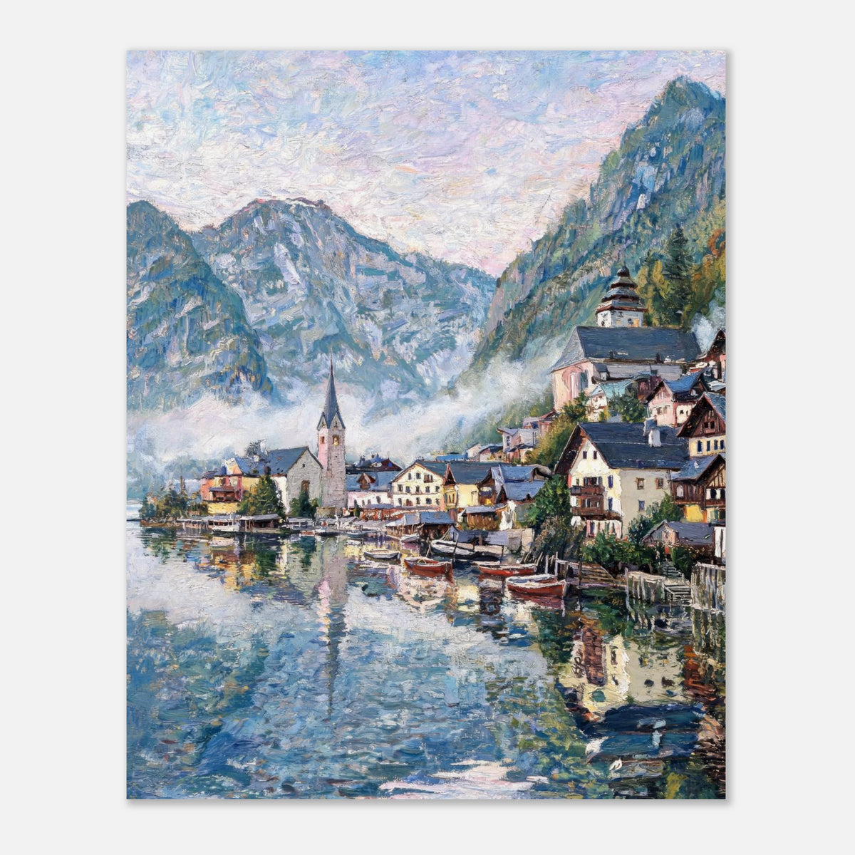 Alpine Lakeside Village Impressionist Art Print