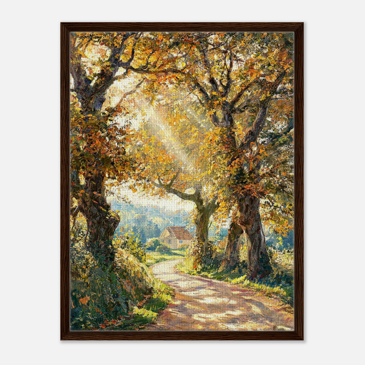 Sunlit Autumn Forest Path Impressionist Art Print