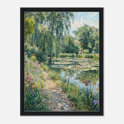 Impressionist art print from Vintstep depicting a stone garden path alongside a water lily pond framed by weeping willows and blooming wildflowers in soft natural tones.