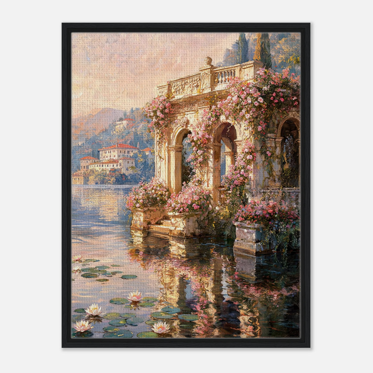 Sunlit Lakeside Villa & Roses Impressionist Art Print