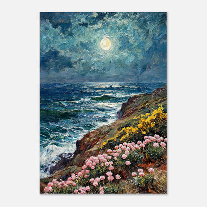 Moonlit Coastal Cliff Flowers Impressionist Art Print