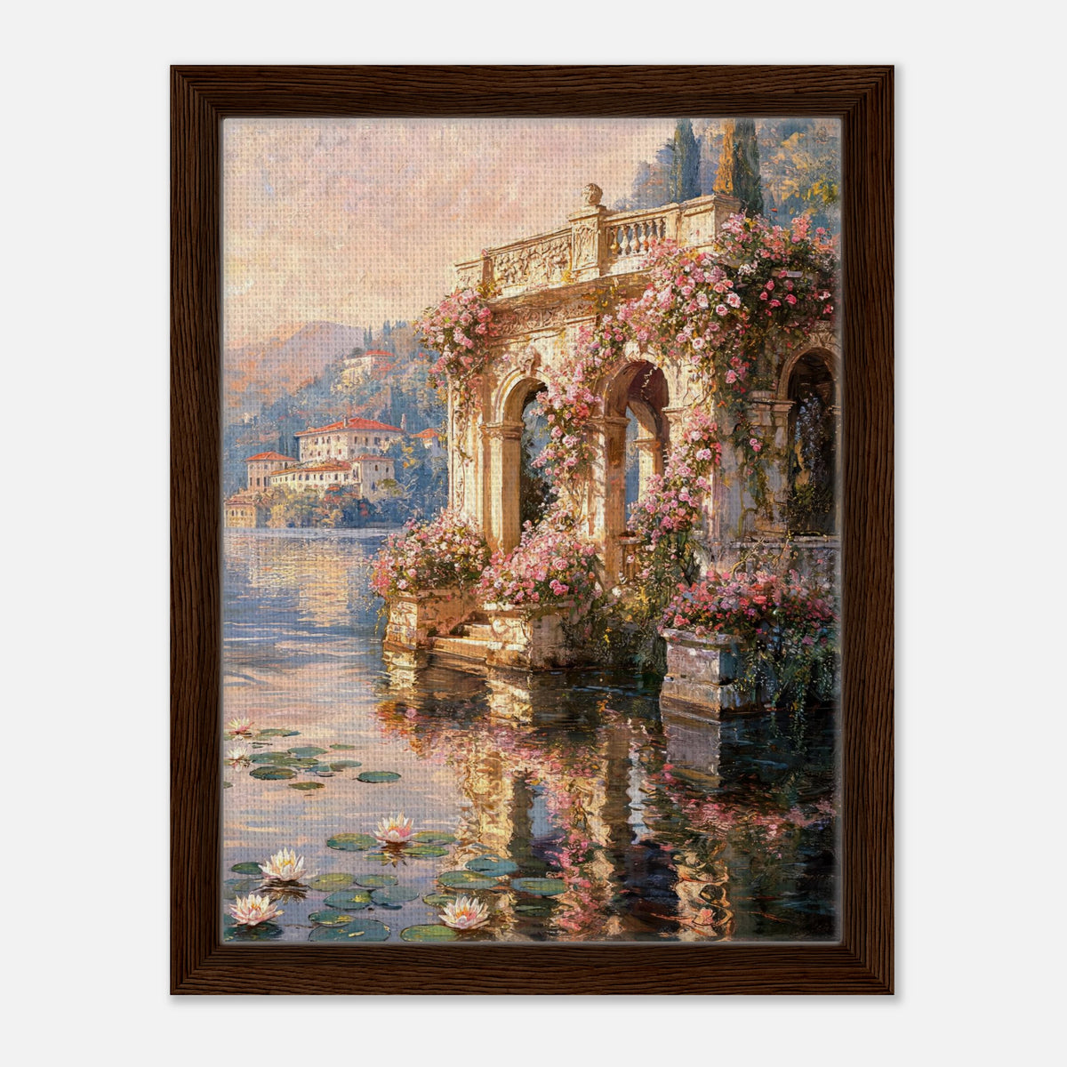 Sunlit Lakeside Villa & Roses Impressionist Art Print