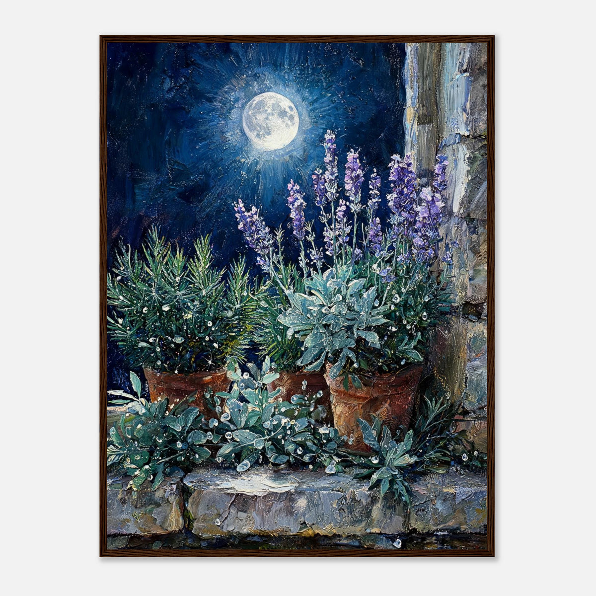 Moonlit Potted Lavender by Stone Window Impressionist Art Print