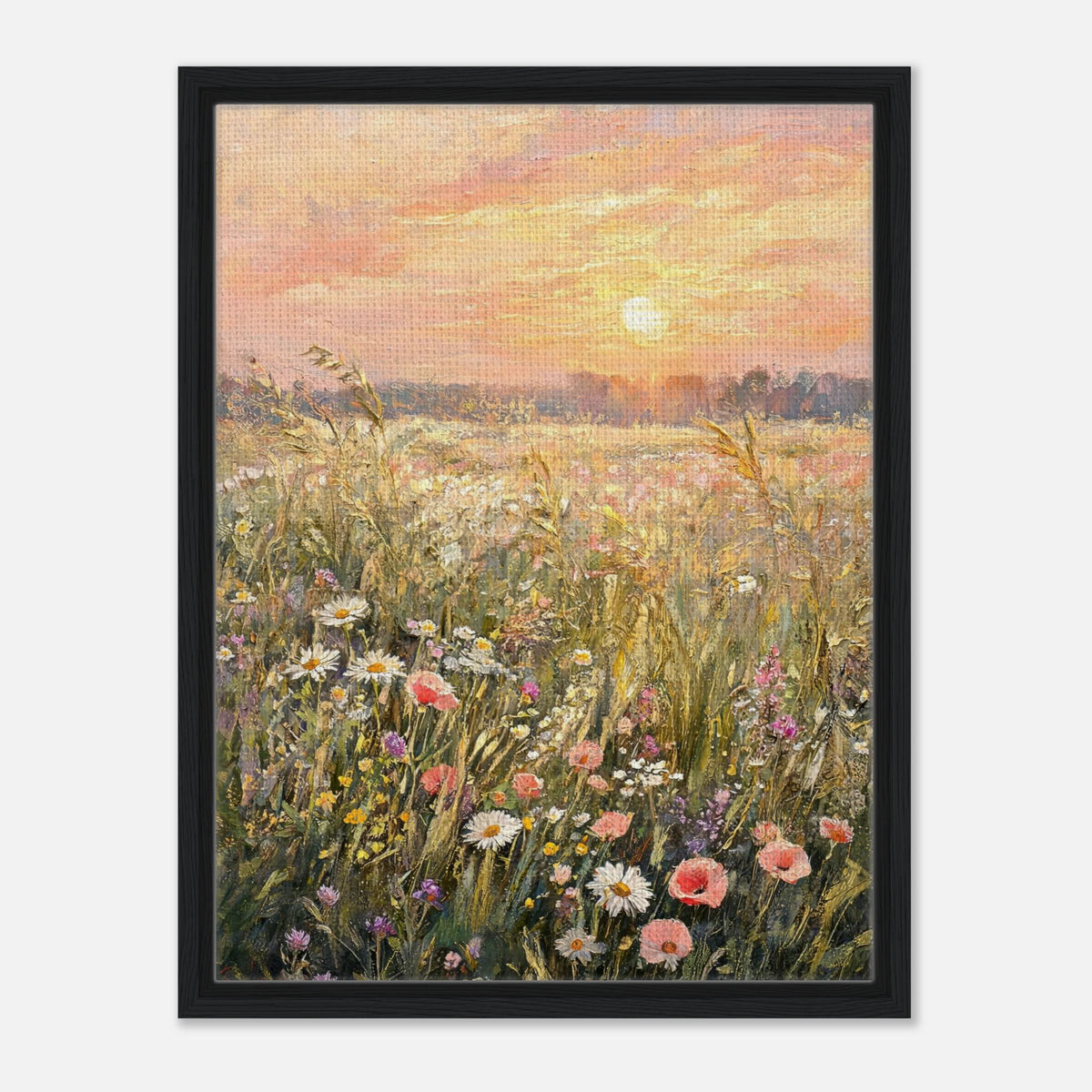 Impressionist art print from Vintstep depicting a golden sunset over a wild meadow filled with white daisies, pink flowers, and textured brushstrokes.