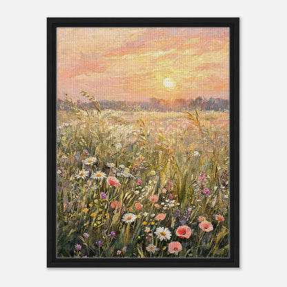 Impressionist art print from Vintstep depicting a golden sunset over a wild meadow filled with white daisies, pink flowers, and textured brushstrokes.