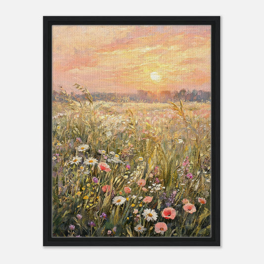 Impressionist art print from Vintstep depicting a golden sunset over a wild meadow filled with white daisies, pink flowers, and textured brushstrokes.