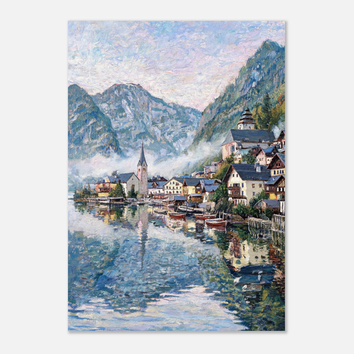 Alpine Lakeside Village Impressionist Art Print