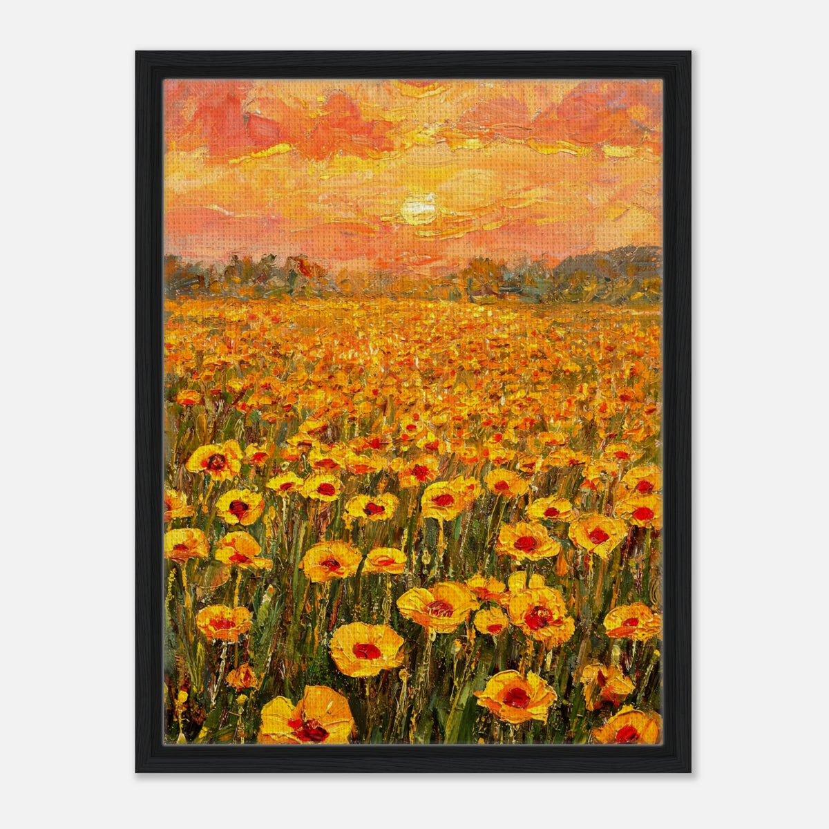 Impressionist art print from Vintstep depicting a vast field of yellow and orange poppies glowing under a warm sunset sky with rich impasto brushstrokes.