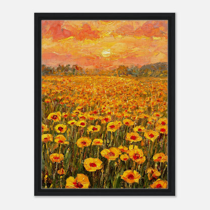 Impressionist art print from Vintstep depicting a vast field of yellow and orange poppies glowing under a warm sunset sky with rich impasto brushstrokes.
