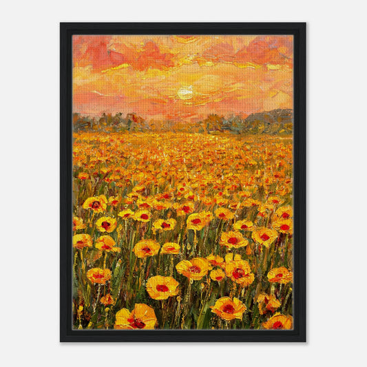 Impressionist art print from Vintstep depicting a vast field of yellow and orange poppies glowing under a warm sunset sky with rich impasto brushstrokes.