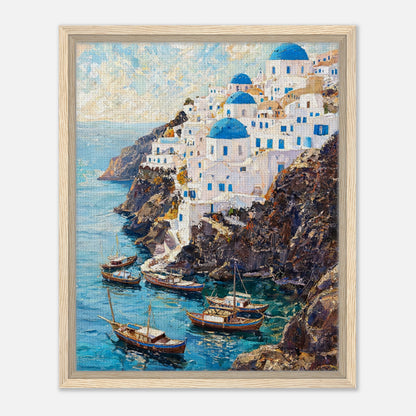 Santorini Cliffside Village & Boats Impressionist Art Print