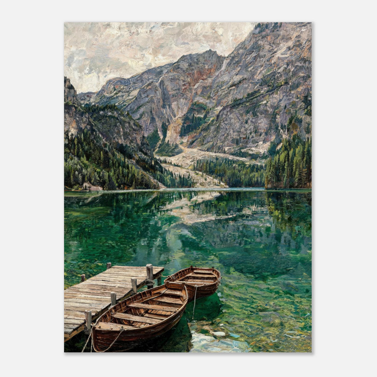 Wooden Boats on Alpine Lake Impressionist Art Print