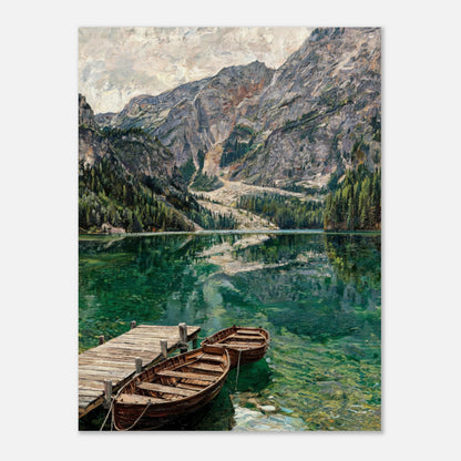 Wooden Boats on Alpine Lake Impressionist Art Print