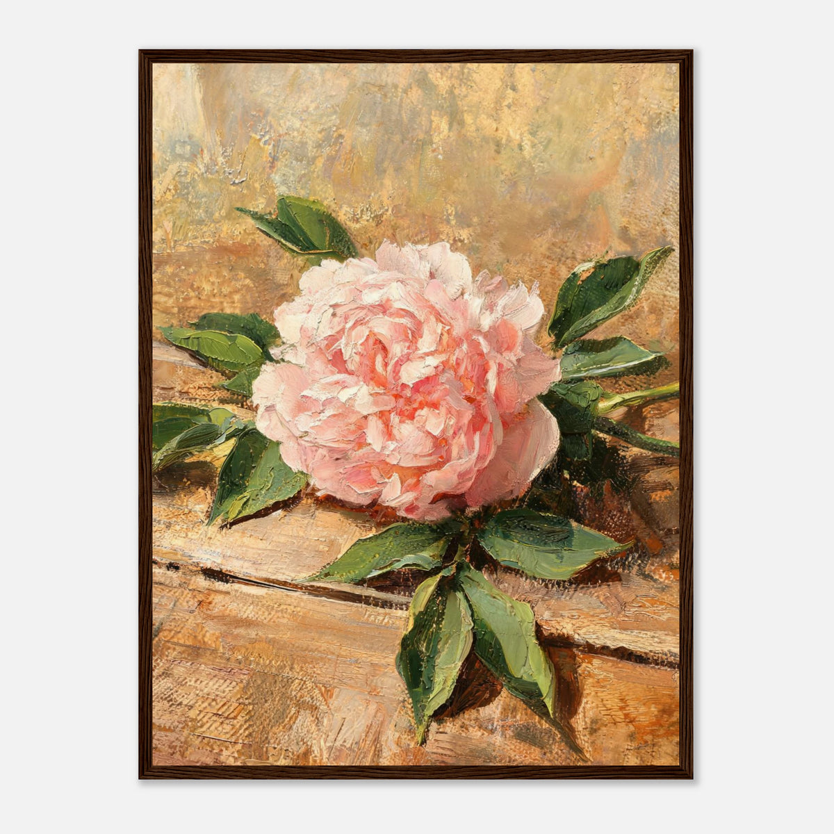 Single Pink Peony on Rustic Wood Impressionist Art Print