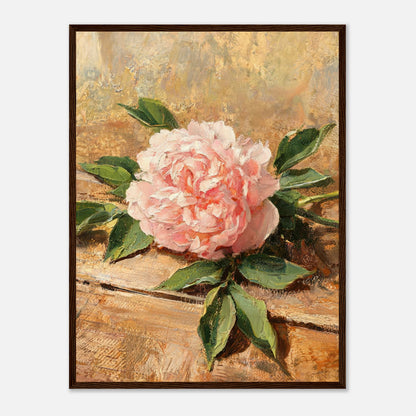 Single Pink Peony on Rustic Wood Impressionist Art Print