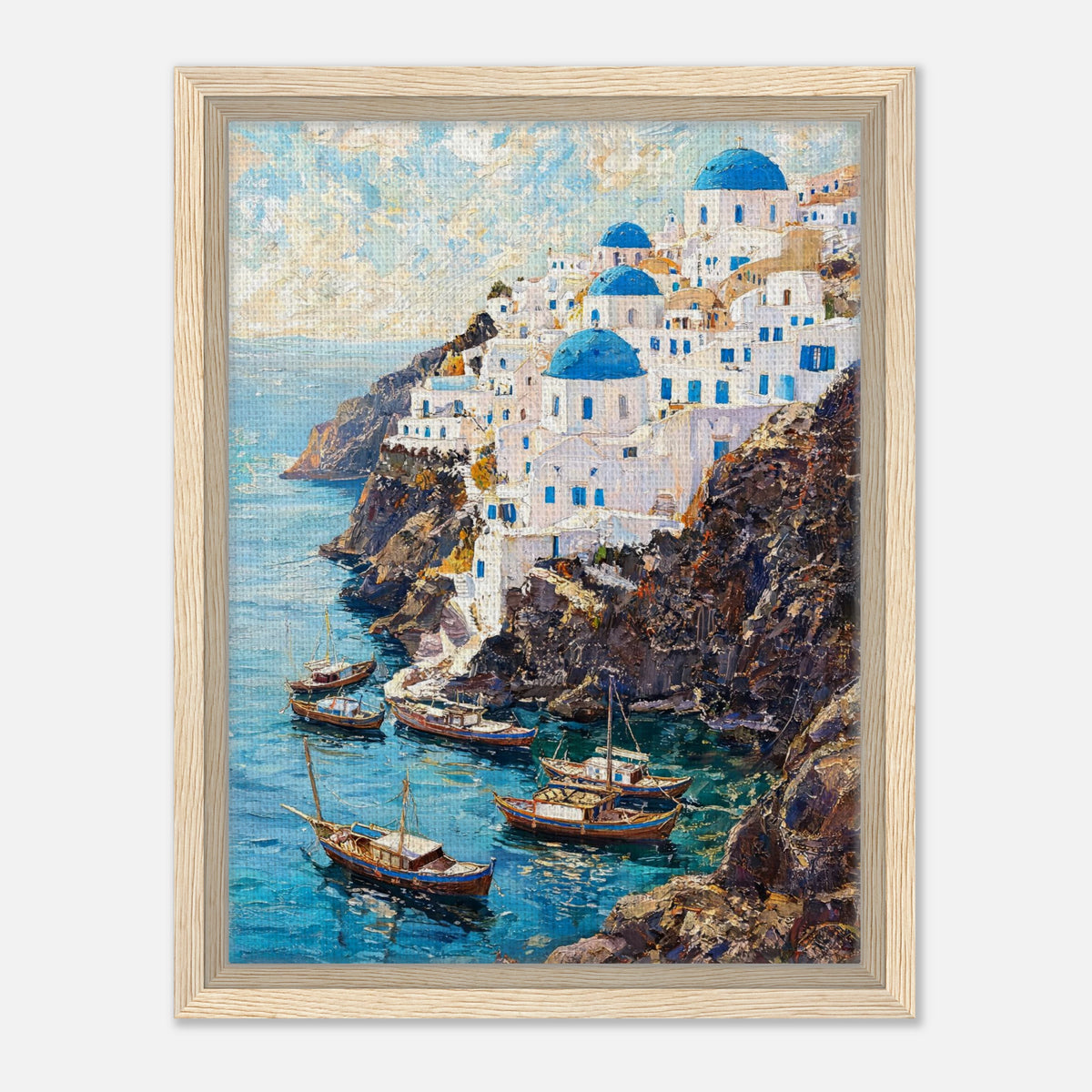 Santorini Cliffside Village & Boats Impressionist Art Print