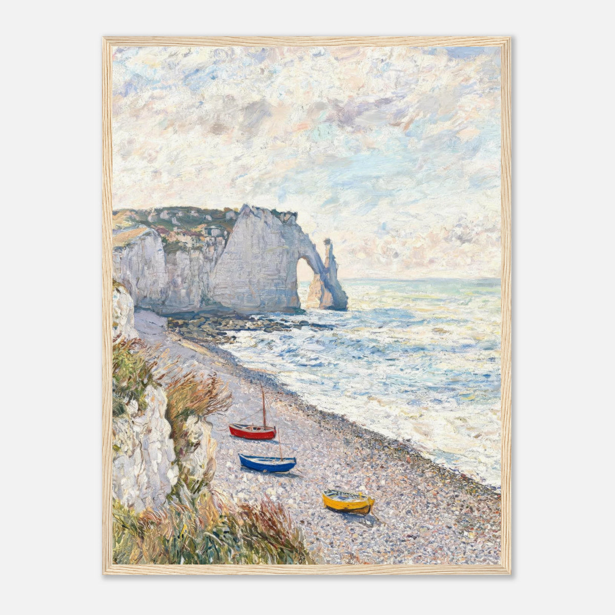 Coastal Cliff & Colorful Boats Impressionist Art Print