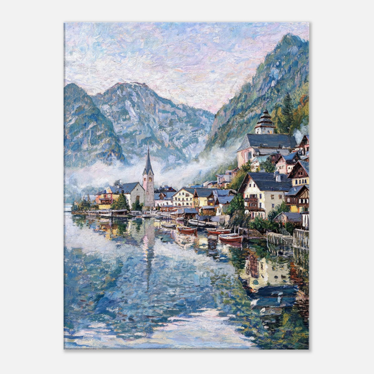 Alpine Lakeside Village Impressionist Art Print