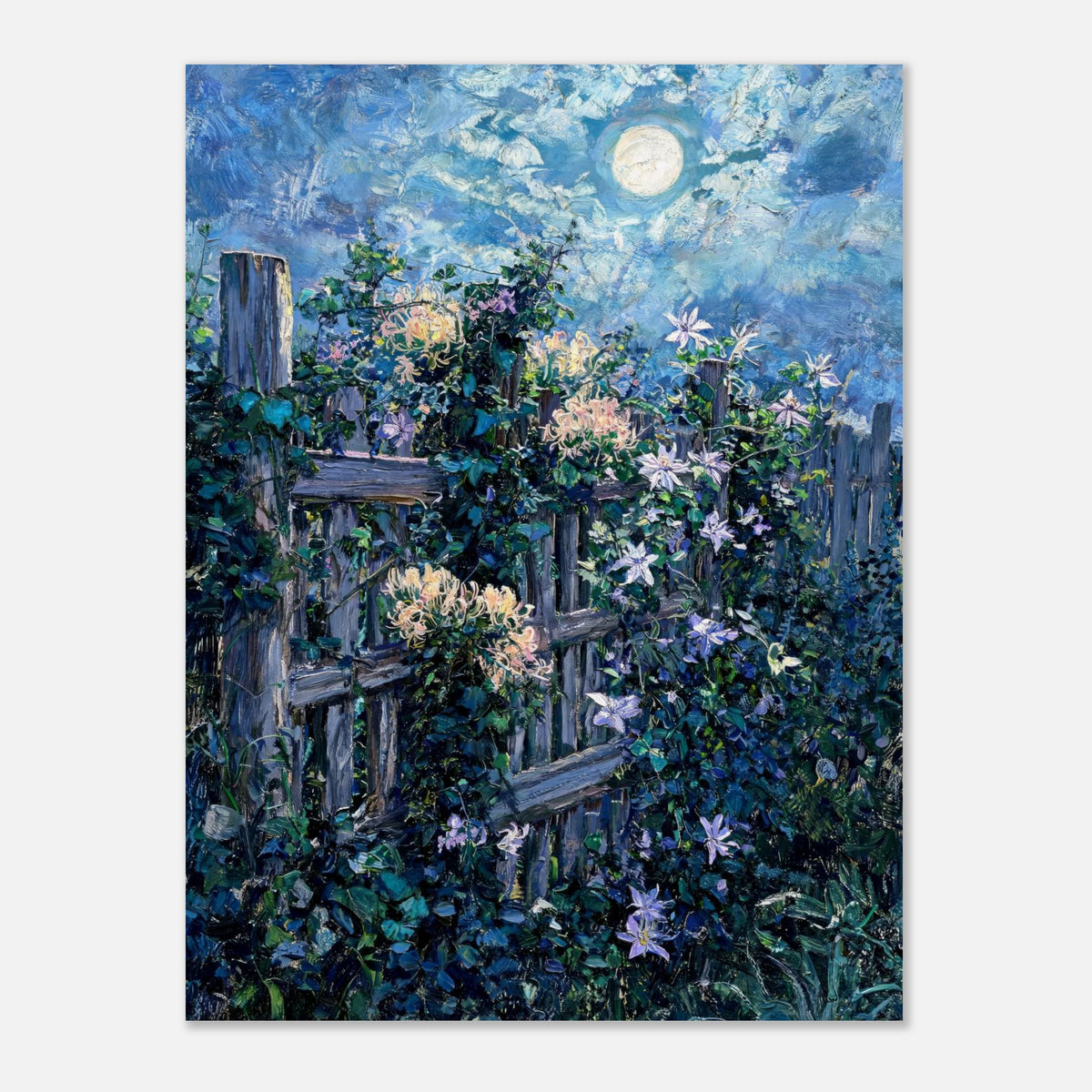 Moonlit Garden Fence Flowers Impressionist Art Print