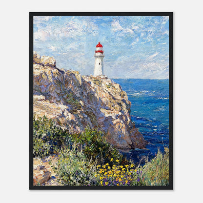 Framed Mediterranean Coastal Lighthouse & Cliff Art Print