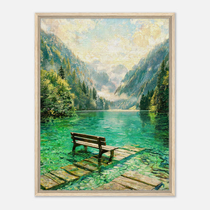 Mountain Lake Pier and Wooden Bench Impressionist Art Print