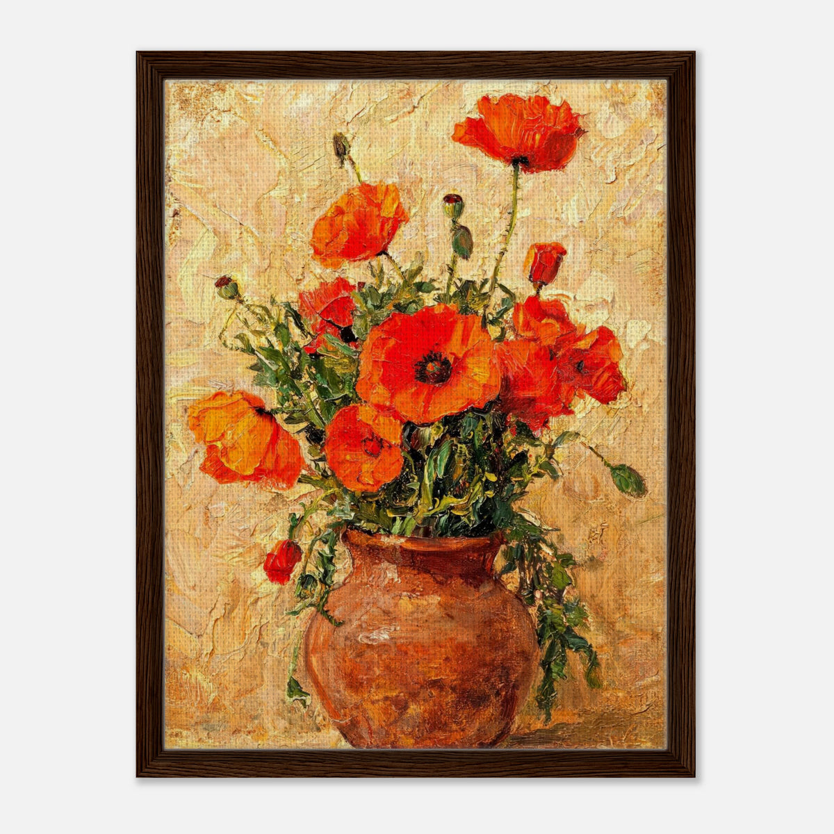 Vibrant Red Poppies in Terracotta Vase Impressionist Art Print