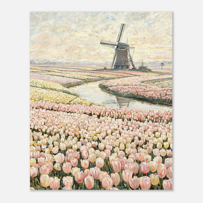 Dutch Tulip Fields & Windmill Impressionist Art Print