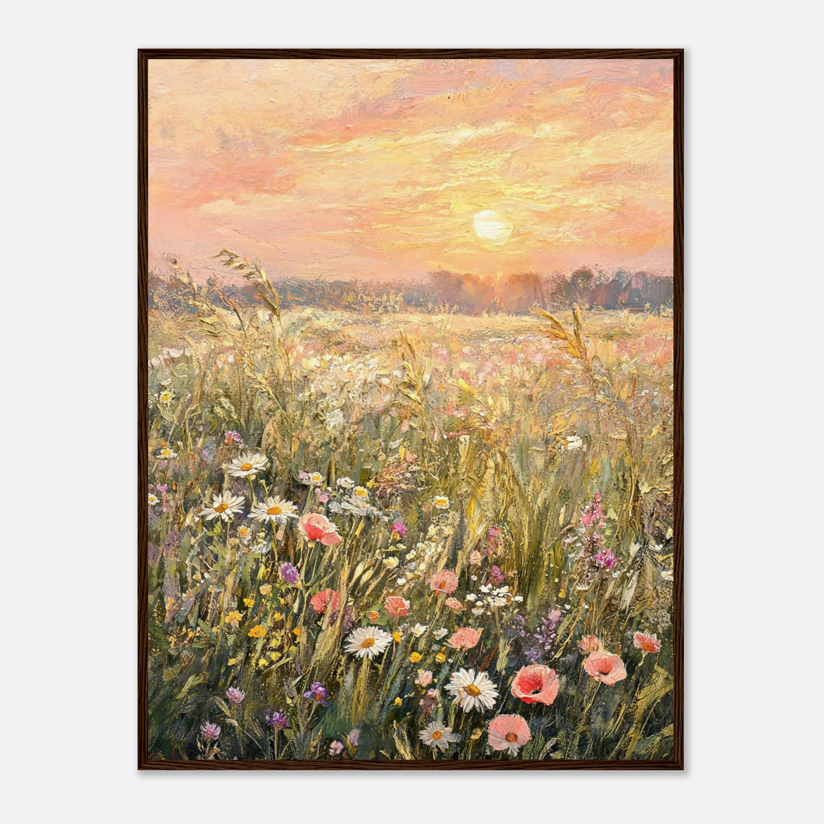 Golden Sunset Meadow & Wildflowers Impressionist Art Print