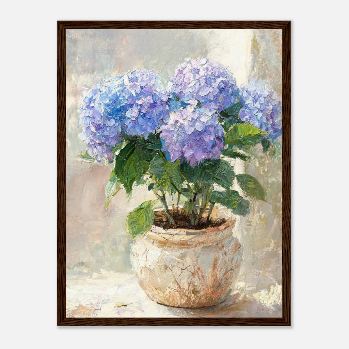 Blue Hydrangeas in Rustic Pot Impressionist Art Print