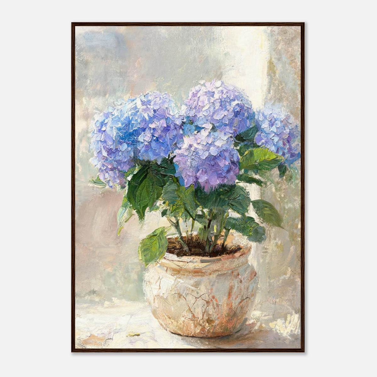Blue Hydrangeas in Rustic Pot Impressionist Art Print