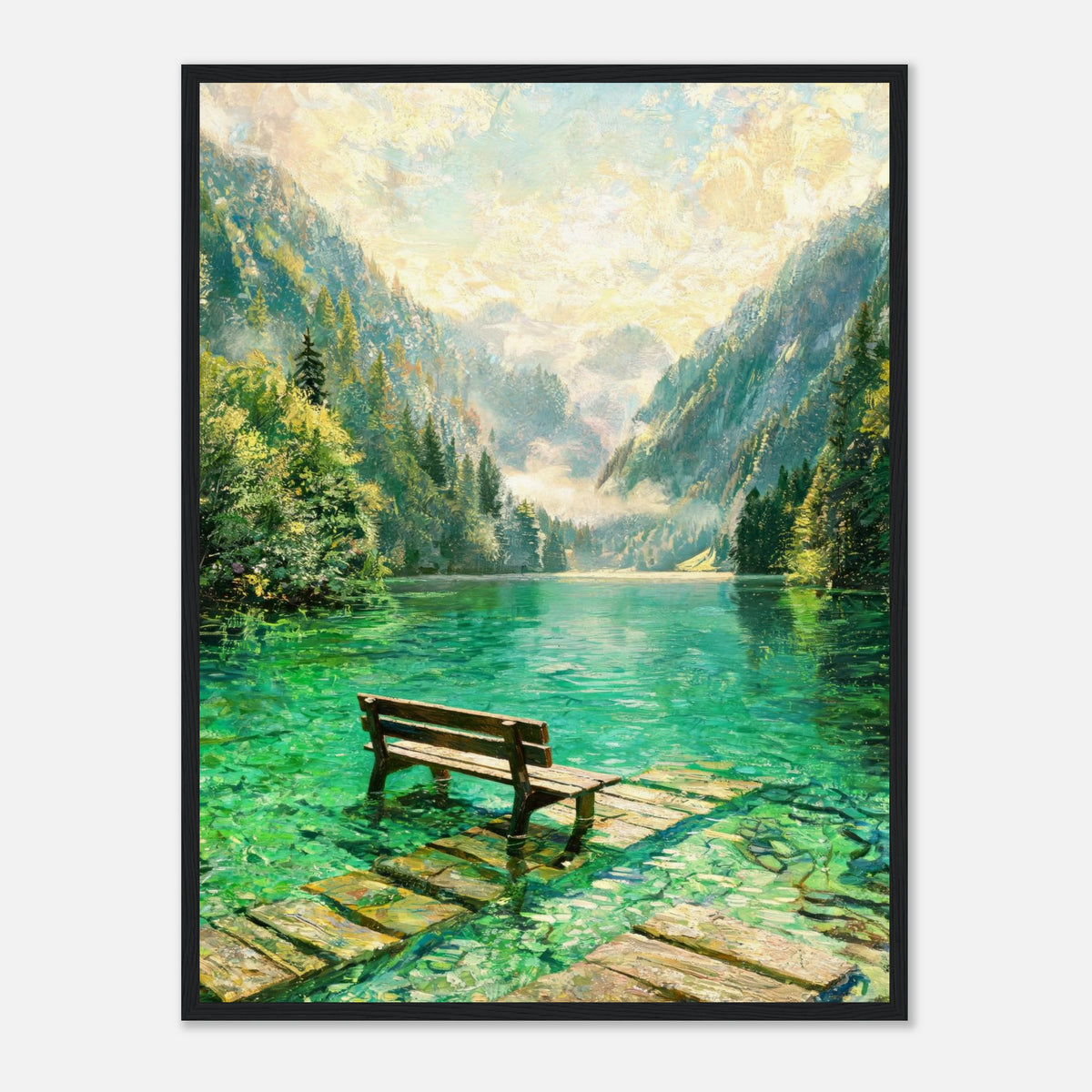 Mountain Lake Pier and Wooden Bench Impressionist Art Print