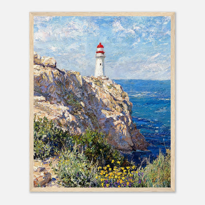Framed Mediterranean Coastal Lighthouse & Cliff Art Print
