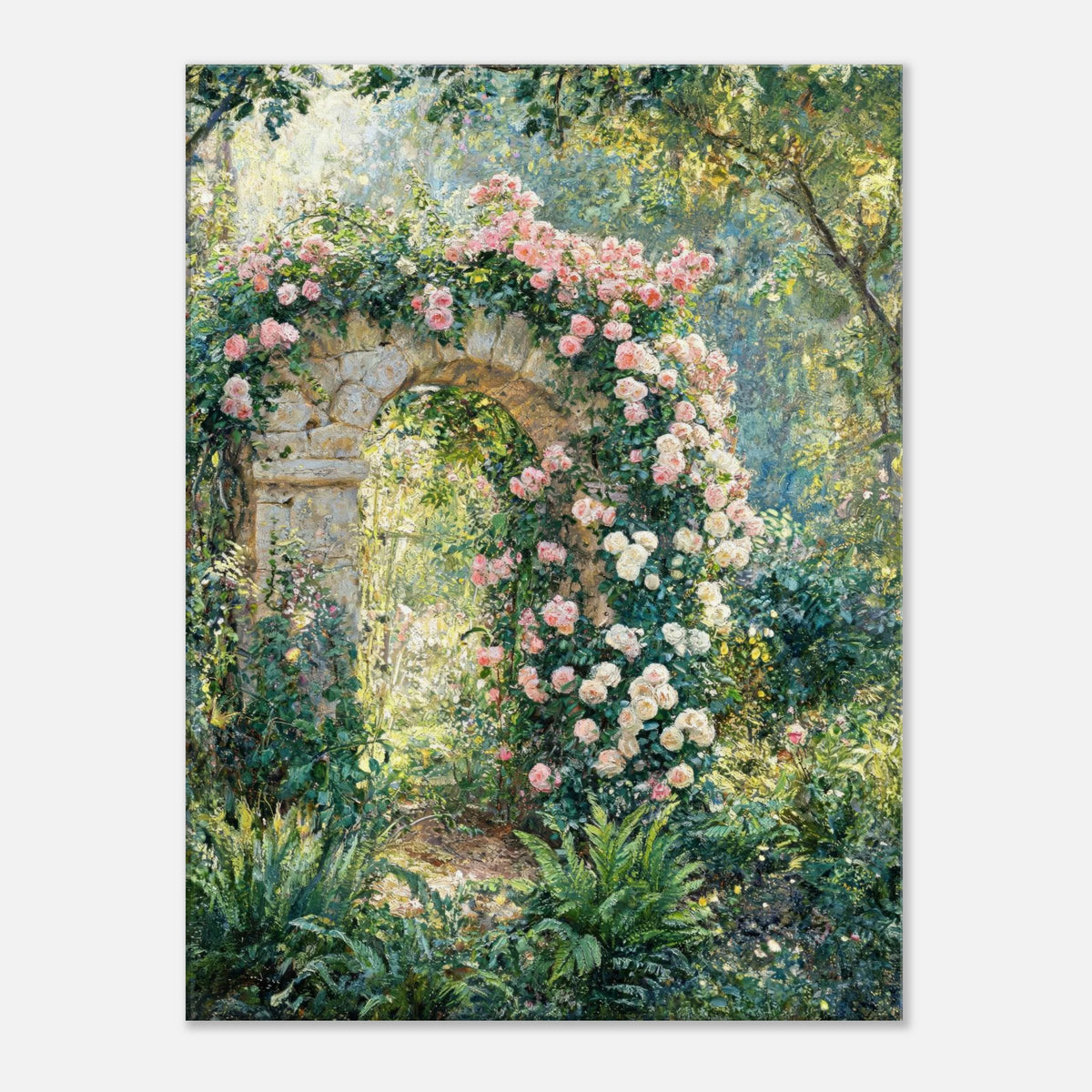 Rose-Covered Stone Arch & Sunlit Garden Impressionist Art Print