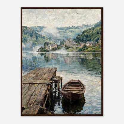 Misty Mountain Lake Wooden Boat Impressionist Art Print