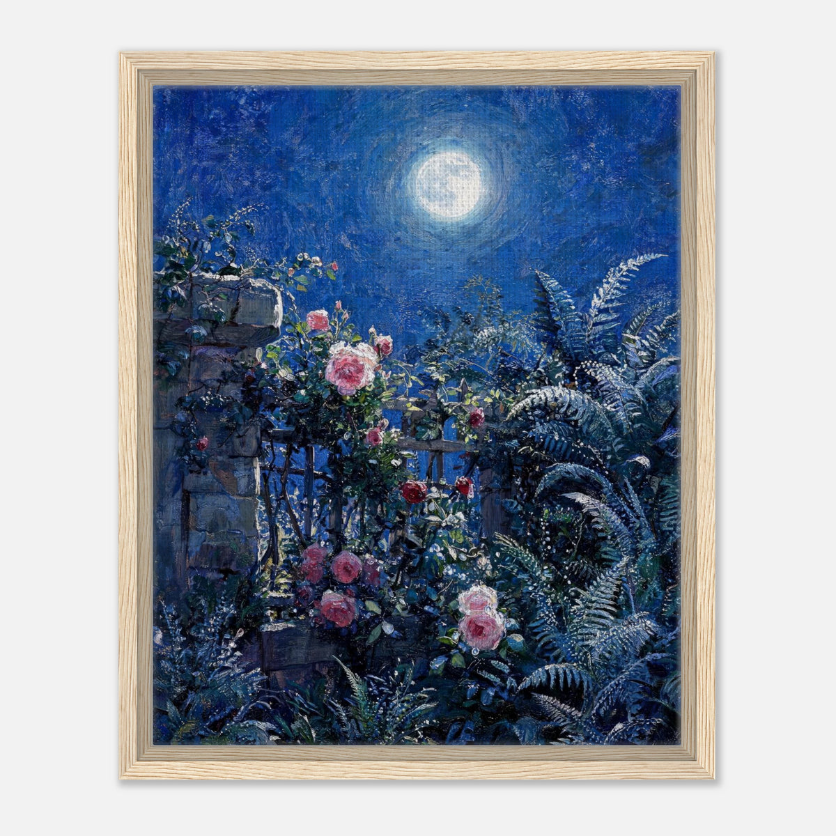 Moonlit Rose Garden and Stone Wall Impressionist Art Print
