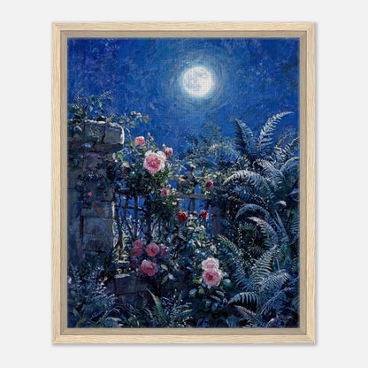 Moonlit Rose Garden and Stone Wall Impressionist Art Print