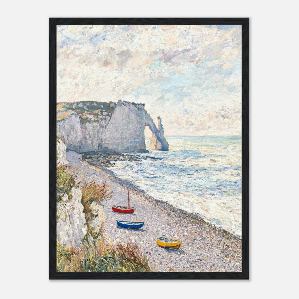 Coastal Cliff & Colorful Boats Impressionist Art Print