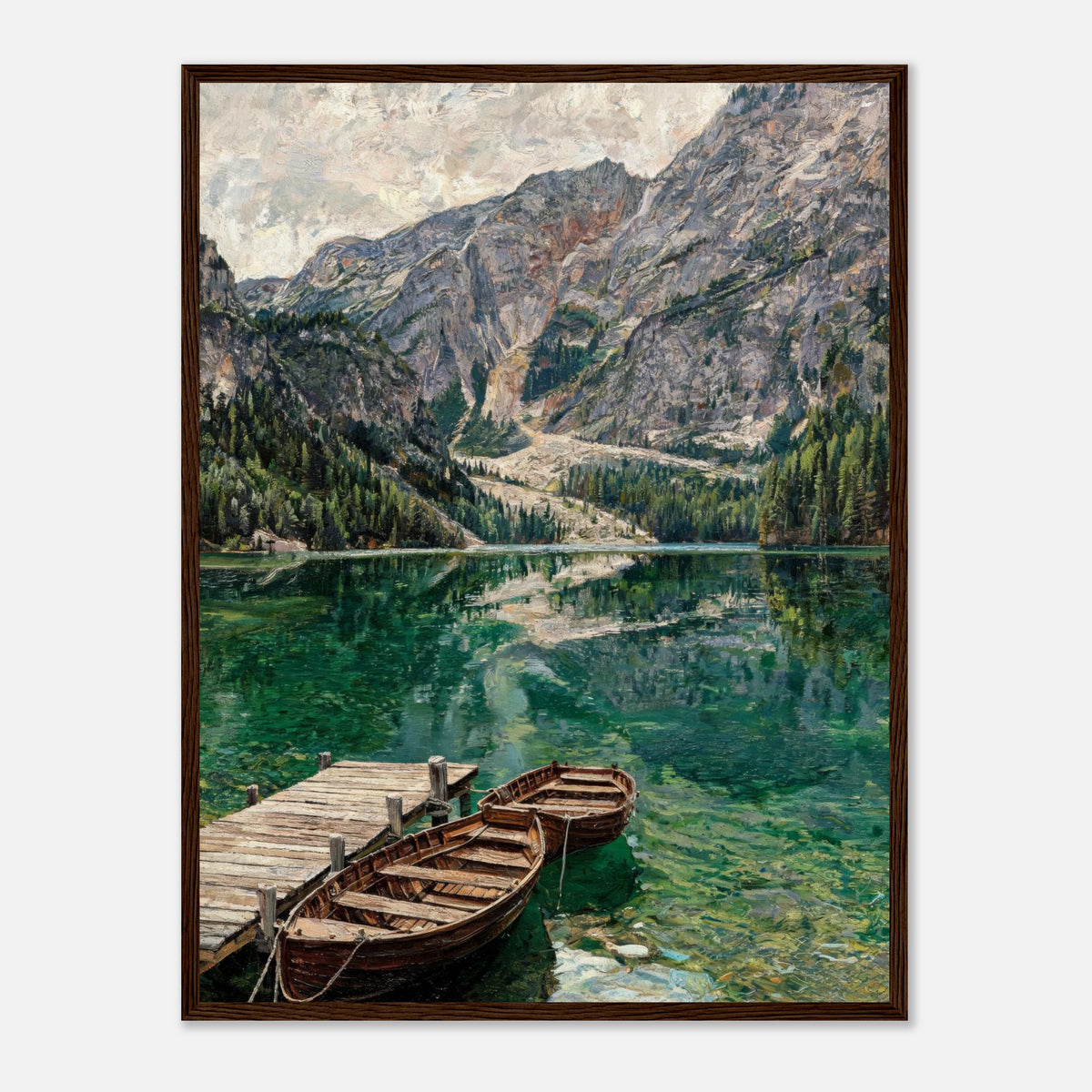 Wooden Boats on Alpine Lake Impressionist Art Print