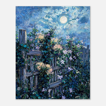 Moonlit Garden Fence Flowers Impressionist Art Print
