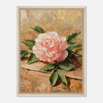 Single Pink Peony on Rustic Wood Impressionist Art Print